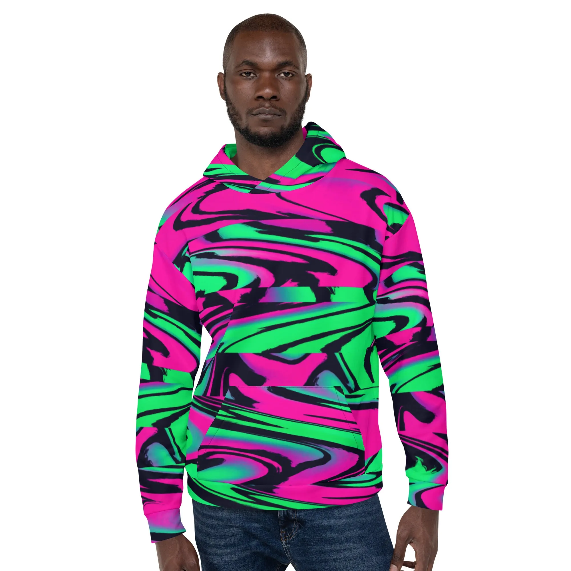 80s Pink and Green Wave Glitch Pullover Hoodie