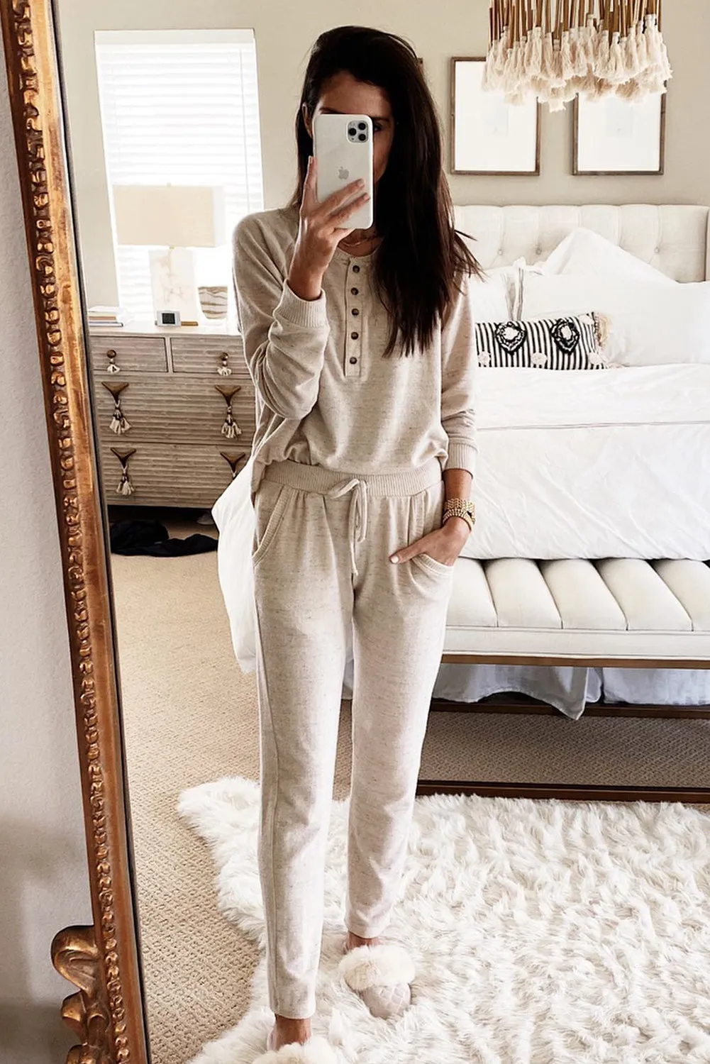 Beige Long Sleeve Button Casual Lounge Set