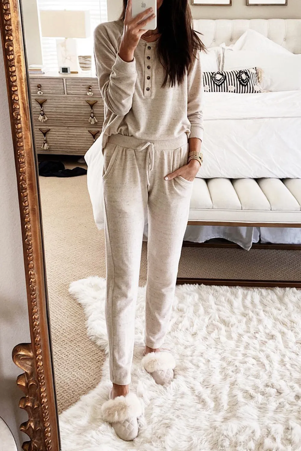 Beige Long Sleeve Button Casual Lounge Set