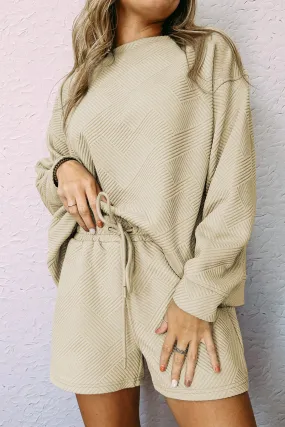 Beige Textured Drawstring Casual Lounge Set