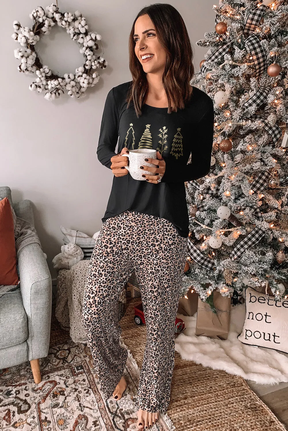 Black Christmas Leopard Print Lounge Set