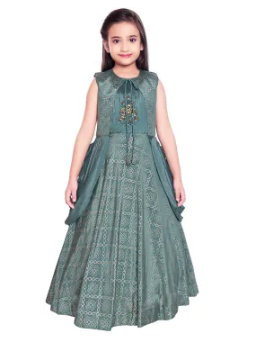 Dark Green Coloured Jacket Styled Gown For Girls