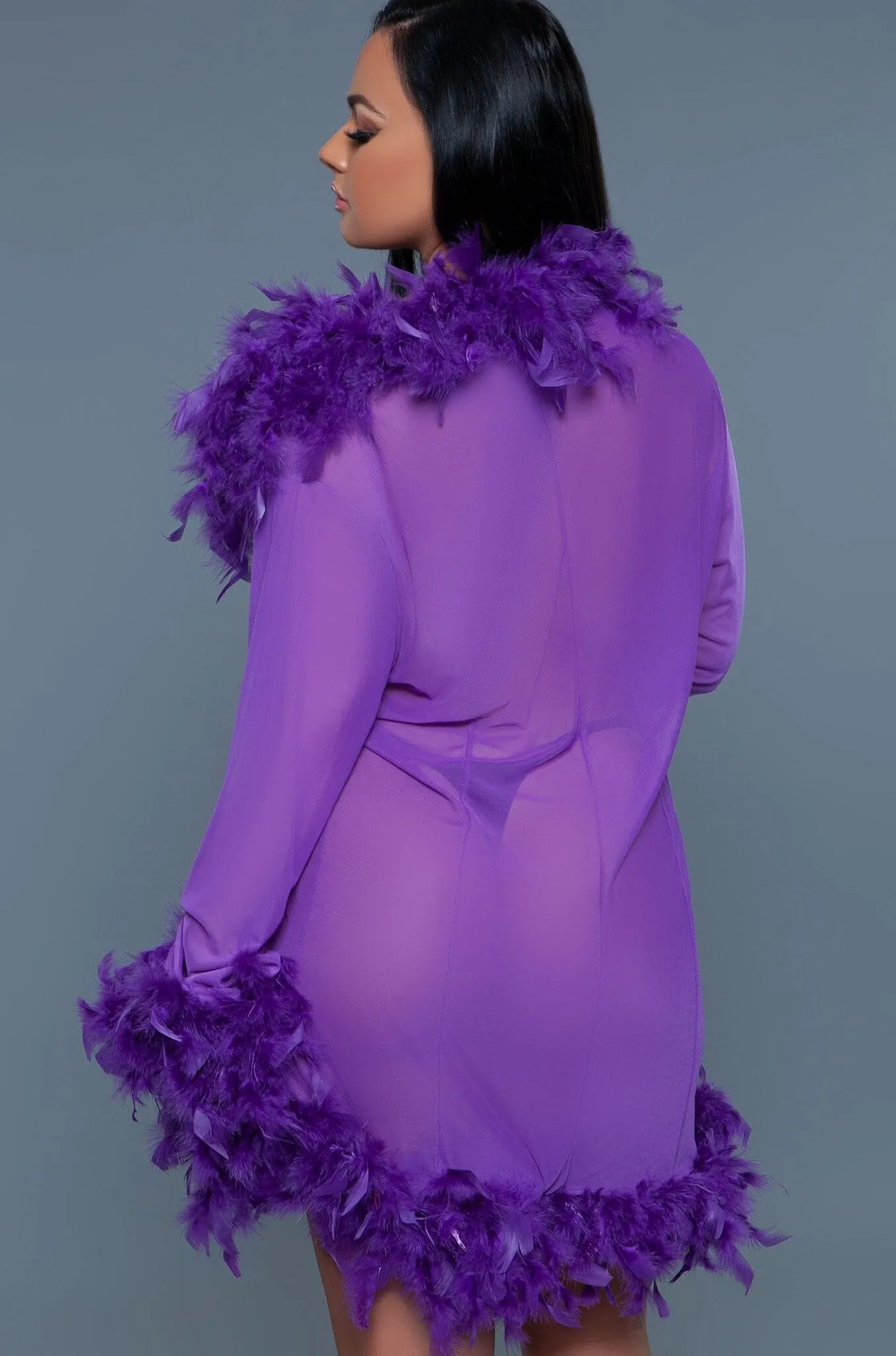 Knee Length Feather Robe With Ribbon Ties