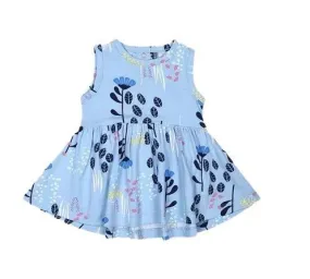 Nino Bambino 100% Organic Cotton Aqua Blue Leaves & Floral Sleeveless Frock For Baby Girls (Certified ORGANIC) - 1 Pc (6 To 12 Months)